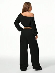 Coolane Women's Sport Sweatshirt And Sweatpants Going Out,2p - Black - View 2