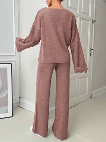 EURMUSE Women V-Neck Flare Sleeve Detailed Sweater And Pant Set - Dusty Pink - View 2