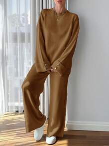 EURMUSE Women Button Detailed Sweater And Pant Set - Brown - View 5