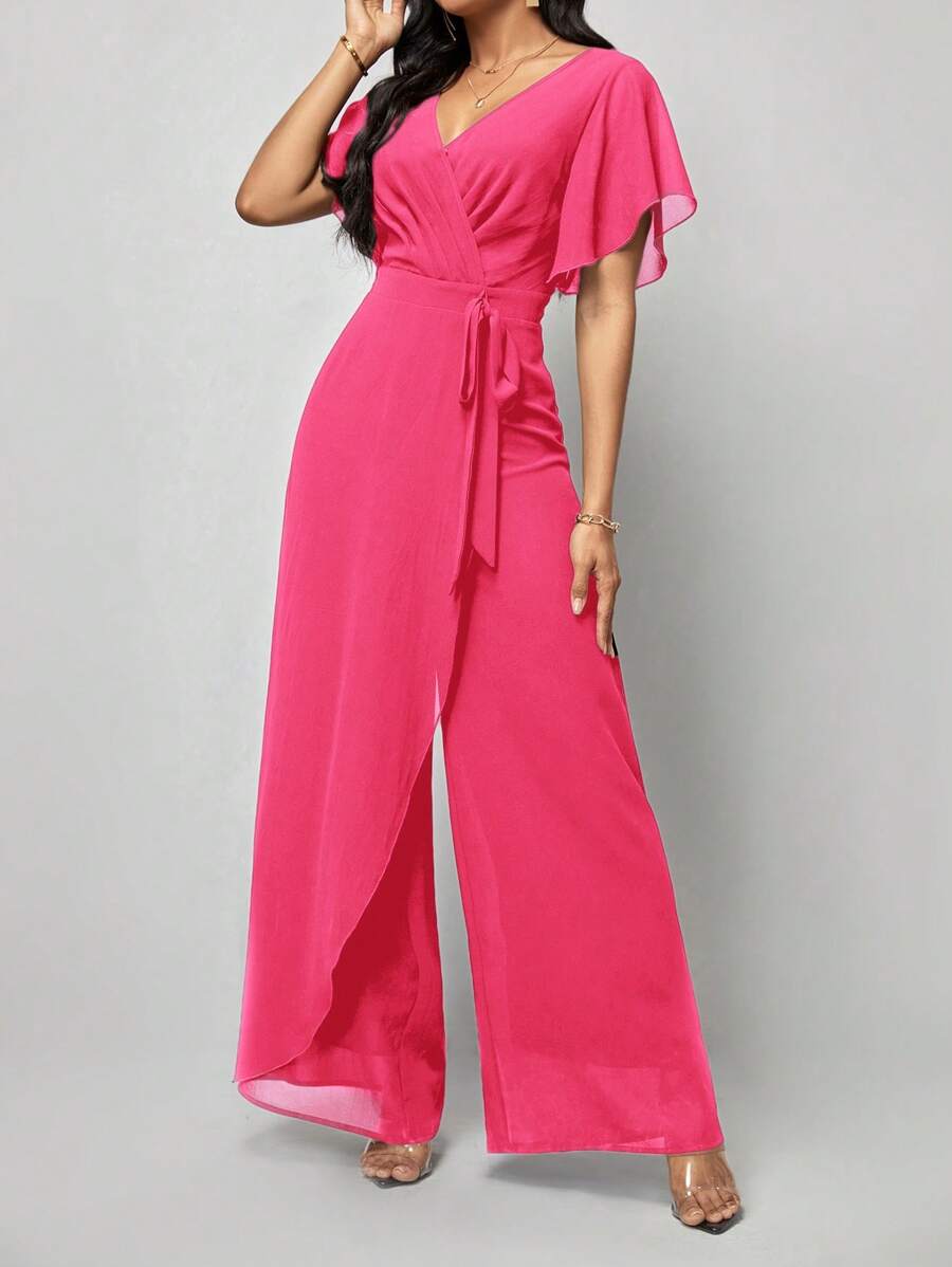 SHEIN Clasi Bộ đồ liền thân tay ngắn buộc dây phía trước màu trơn dành cho nữ, trang phục thường ngày - Màu Hồng Tươi - Xem 1