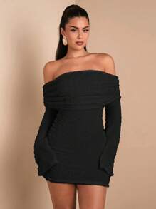 SHEIN BAE Elegant Open Shoulder Long Sleeve Knitted Dress, Suitable For Daily Dates, Outings, Night Clubs, Parties, Special Occasions, Autumn