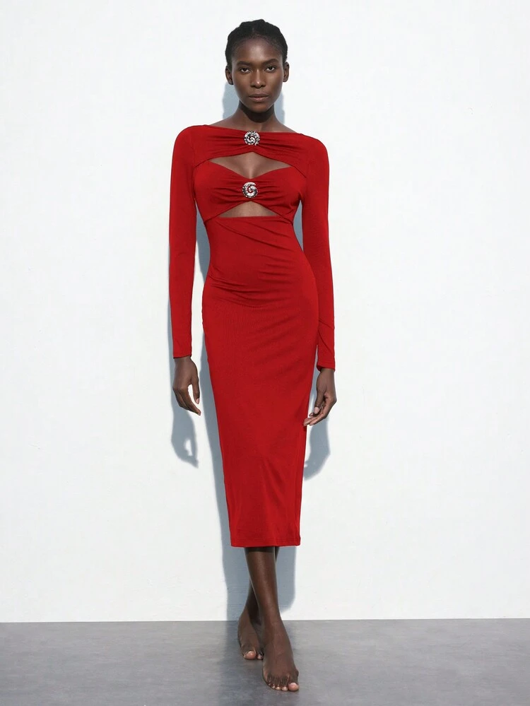 SHEIN Maija Women's Solid Color Round Neck Long Sleeve Ruched Cutout Slim Fit Mid-Length Dress