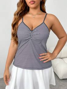 INAWLY Plus Size Women Striped Print Ruched Casual Cami Top - Black and White - View 5