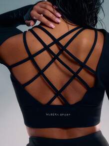 Musera Sport 长袖交叉后背拇指孔上衣 健身房健身 - 黑色 - 查看 4