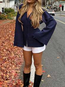 INAWLY Women's Solid Color Button Front Long Sleeve Casual Blouse, Daily Wear - Navy Blue - View 2