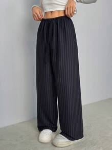 SHEIN PETITE Elastic Waist Black Knitted Striped Casual Pants
