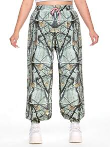 ROMWE Plus Size Loose Camouflage Letter Print Casual Sweatpants - Green - View 3