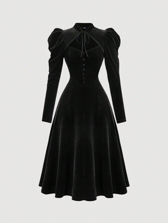SHEIN MOD Samtkleid mit Gigot-Ärmeln in Große Größen, Mandarin-Kragen, Schleife, Herbst/Winter