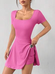 SHEIN EZwear Váy ngắn tay màu trơn cho nữ, mặc hàng ngày - Màu Hồng Tươi - Xem 4