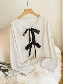 SHEIN Frenchy 大码女式纯色长袖休闲衬衫，时尚日常穿着 - 杏色 - 查看 1