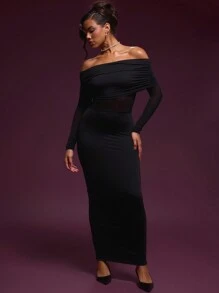 MUSERA Vestido largo elegante de gasa con escote Bardot, inserciones de malla y drapeado, ideal para primavera, verano, vacaciones y fiestas - Negro - Ver 4