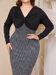 Modelyn Plus Size Mature Lady Style Patchwork Design Fitted Dress Maxi Women Outfit Long Evening Dresses - Black - View 4