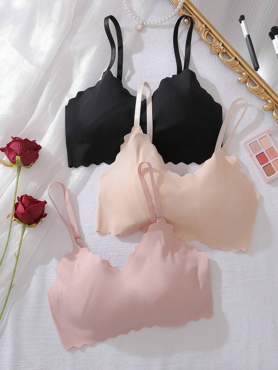 SHEIN 少女甜美简约可调节肩带加垫蕾丝无缝工字背文胸套装 3 件套 - 彩色 - 查看 1