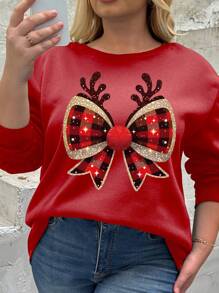 SHEIN LUNE Plus Size Round Neck Long Sleeve Bow Print Casual Pullover Sweatshirt For New Year Fall - Red - View 1