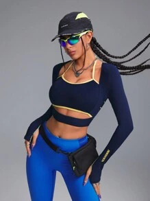 Innovista 女士3D立体曲线拼接镂空网眼运动T恤上衣，蓝色撞色设计，性感长袖，适合女孩运动、健身、锻炼、瑜伽、日常休闲、跑步等场合，秋季女装，健身服，跑步运动秋季女装，清爽浅蓝色 - 藏蓝色 - 查看 8