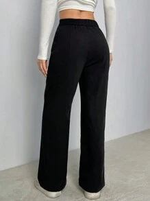 SHEIN PETITE Solid High-Rise Seam Detail Black Linen Trousers - Black - View 2