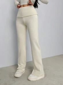 SHEIN PETITE Apricot Tight Waist Floor Length Flared Dames Sweater Broek, Voor Woon-werkverkeer, Thuis, Casual Kleding