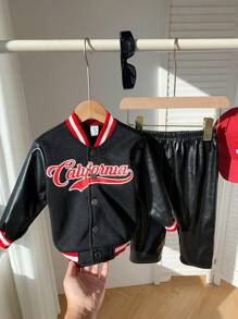 SHEIN Baby/Toddler Kids 2pcs Set - Contrast Color Letter Print PU Baseball Jacket & Elastic Waist Pants, Suitable For Home, Outdoor, Sports, Autumn/Winter - Black - View 4