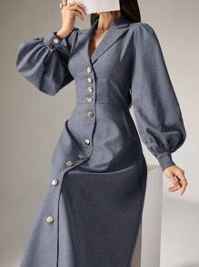 Heiryn Women's Solid Color Front Button Down Shirt Collar Dress - Dusty Blue - View 5