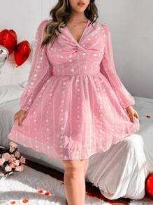 Flirla 大码纯色 V 领复古优雅浪漫假日扭胸灯笼袖刺绣连衣裙，春夏，情人节 - 粉色 - 查看 5