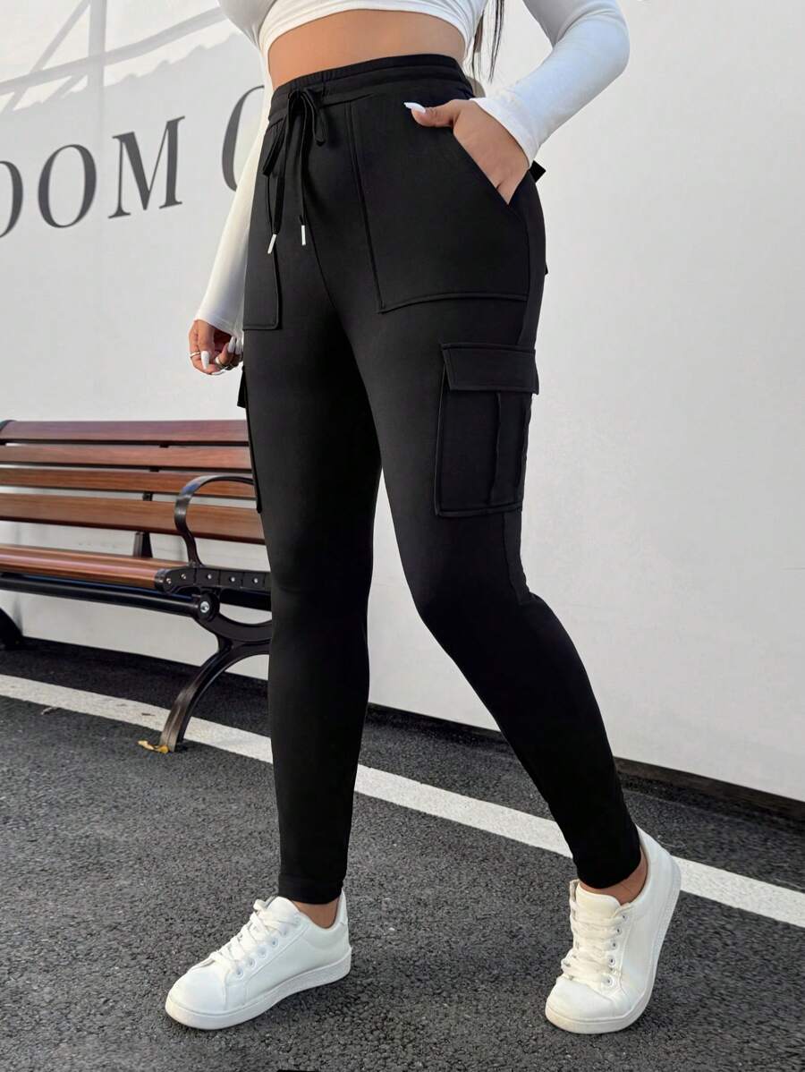 SHEIN EZwear Plus Size Women Waistband Pocket Skinny Black Leggings, Casual