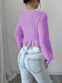 Elenzga Áo khoác cardigan dài tay màu tím chắp vá cài nút phía trước cho nữ - Màu Lilac Tím - Xem 2