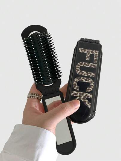 Goth 1pc Black Letter Print Folding Comb With Mirror, Compact Portable Brush Comb All-In-One (Pattern Placement Random)