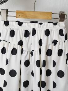 2pcs/Set Young Girl Cute Polka Dot Round Neck Short Sleeve Shirt And Wide Leg Pants Set, Suitable For Spring/Summer - Black and White - View 8