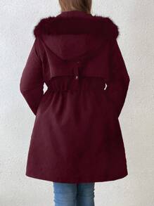 SHEIN LUNE Jaket Puffer Kasual Berkerudung dengan Saku, Warna Polos, Ukuran Besar, Lengan Panjang, Resleting Depan, Pakaian Musim Dingin - Burgundy - View 2
