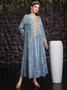 Al Najma 女士 V 领撞色蕾丝印花优雅阿拉伯连衣裙，端庄长袍 - 霧霾藍 - 查看 4