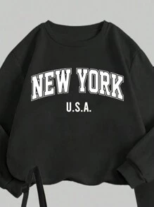 Slaydiva 2pcs/Set New York Slogan Graphic Loose Crew Neck Sweatshirt And Skinny Leggings Pants, Suitable For Autumn/Winter,Fall - Black - View 3