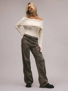 MUSERA Top de manga larga de punto acanalado estilo Bardot para primavera - Crema - Ver 4