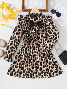 Tween Girls Casual Leopard Print Ruffle Trim Bow Front Long Sleeve A-Line Smock Dress - Apricot - View 3