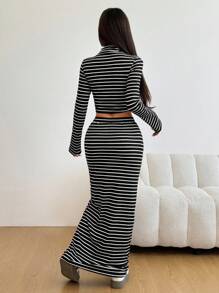 SHEIN EZwear 女式秋季立领长袖条纹短款上衣和抽绳腰长裙 2 件套，休闲 - 黑色 - 查看 3