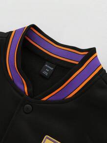 ROMWE MEN Prep Chaqueta de béisbol casual de hombre con patrón de letras y pentágonos, manga larga, abotonadura sencilla, para otoño