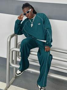 Manfinity RebelGame Bộ quần áo len dài tay cổ tròn dáng rộng cho nam, thời trang thu đông - Màu xanh lá cây đậm - Xem 8