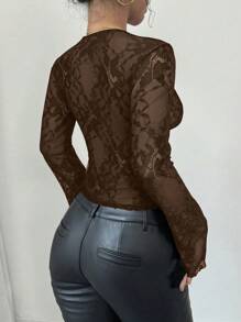 Firerie 女士黑色 V 领蕾丝拼布喇叭袖蕾丝衬衫