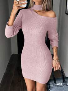 SHEIN Clasi Vestido de suéter de punto de manga larga con cuello alto y hombros descubiertos para mujer - Púrpura polvoriento - Ver 7