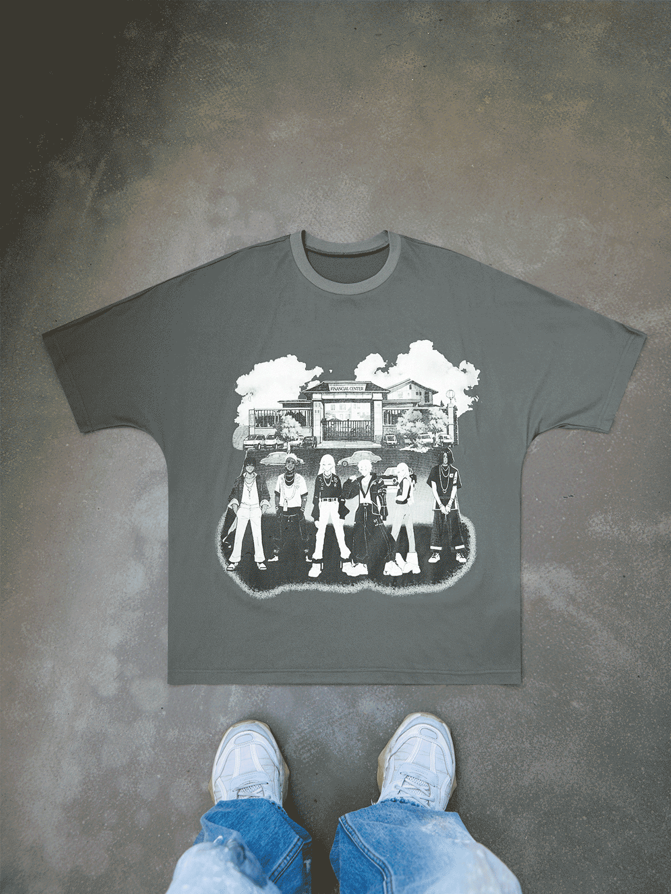 Manfinity EMRG Men's Young Street - Style INS Best - Selling T - Shirt. It Is In A Dark Tone, With The Main Body Being Dark Gray. There Is A White Pattern Printed On The Front Of The T - Shirt. The Pattern Depicts A Group Of People Standing In Front Of A Building. The People Have Various Postures, And There Are Elements Such As Clouds In The Background. The Overall Look Presents A Street Style.