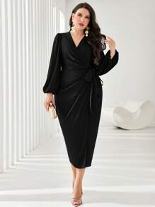 SHEIN PETITE CURVE 加大灯笼袖结饰侧裹身连衣裙 - 黑色 - 查看 4