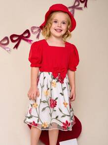 Vestido de princesa para niñas elegante con bordado floral de malla, decorado con bordados exquisitos de rosas y flores amarillas, combinado con Top roja y sombrero balde a juego con moño, que presenta un ambiente gracioso y vibrante, adecuado para Año Nuevo, uso diario y fotografía - Rojo - Ver 3