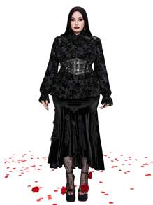 Whyspr Goth Punk Plus Size Women's Flocked Collar Bowknot Cuff Long Sleeve Punk Gothic Retro Elegant Blouse Fall Cloth For Women - Black - View 5