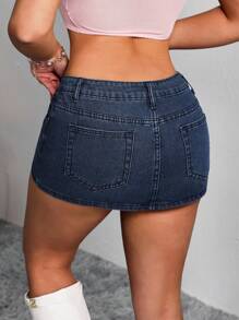 SHEIN MOD Women's Denim Skirt With Slanted Pockets And Frayed Hem - Dark Wash - View 3