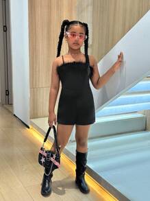 SHEIN Tween Girl Solid Color Camisole Furry Jumpsuit Shorts For Valentine's Day - Black - View 3