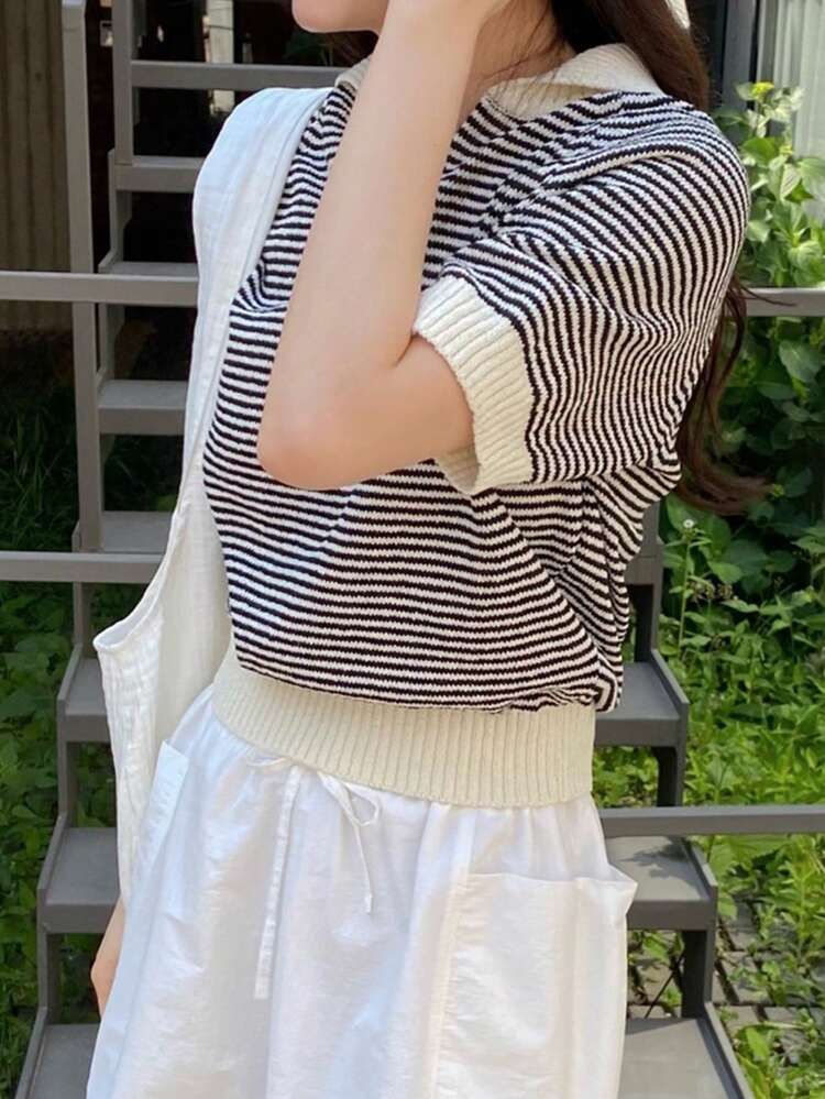 Women Striped Turndown Collar Contrast Color Knitted Sweater