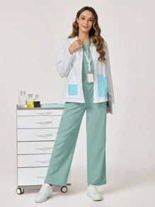 TaskEZ Front Button Long Sleeve Pocket Scrub Uniform Jacket, Solid Color Patchwork - Apricot - View 1