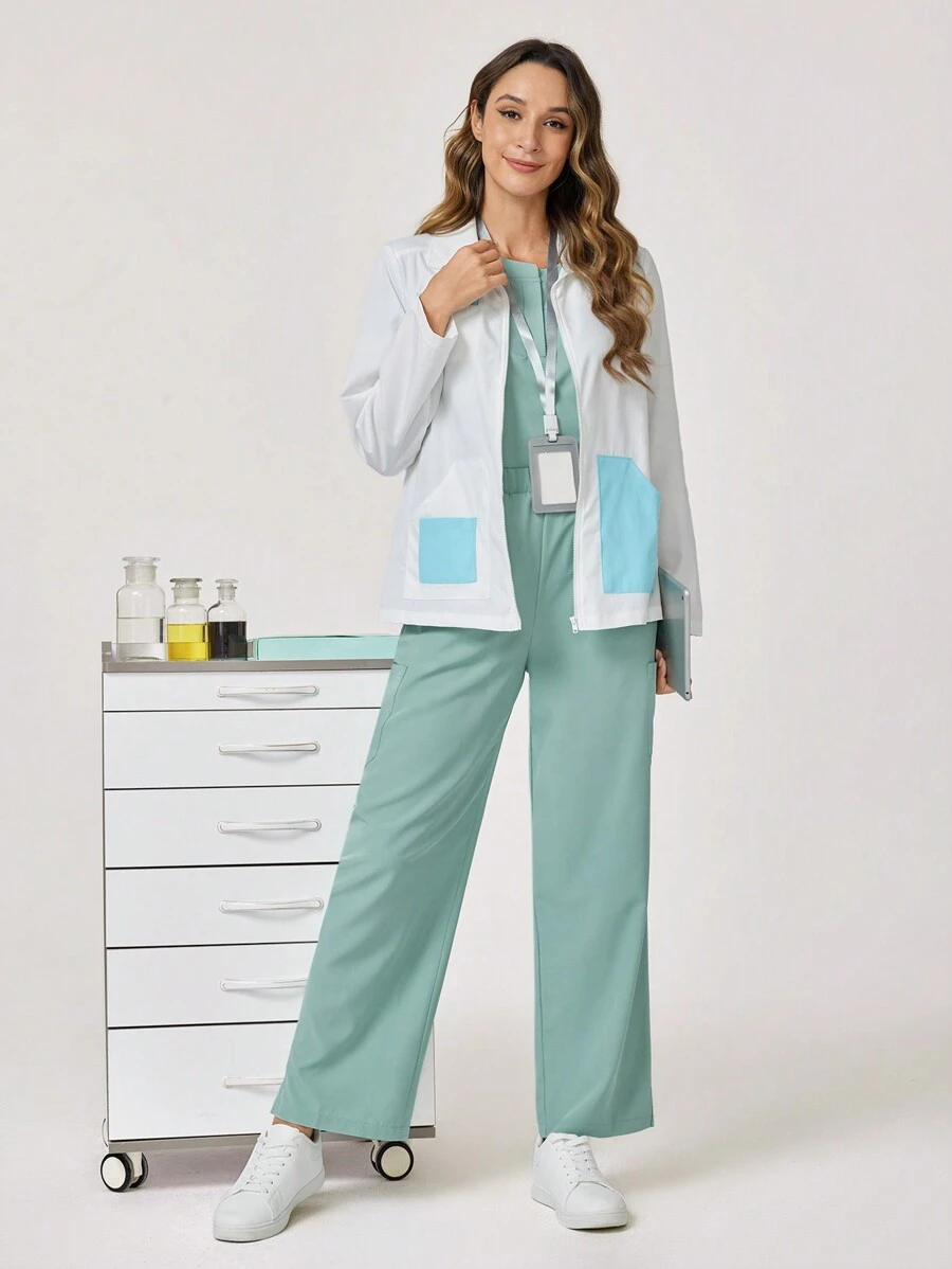 TaskEZ Front Button Long Sleeve Pocket Scrub Uniform Jacket, Solid Color Patchwork - Apricot - View 1