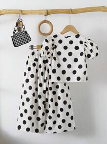 2pcs/Set Young Girl Cute Polka Dot Round Neck Short Sleeve Shirt And Wide Leg Pants Set, Suitable For Spring/Summer - Black and White - View 3