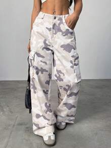SHEIN EZwear Quần ống rộng phong cách Western Camo thời trang dạo phố dành cho nữ - Màu be - Xem 4