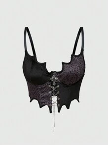 ROMWE Grunge Punk 哥特朋克拼布豹纹不对称蝙蝠十字吊坠肩带女士吊带背心 - 黑色 - 查看 1